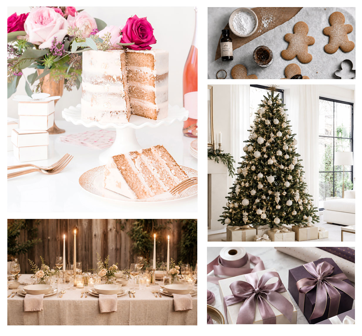 Elegant celebration scenes featuring a layered birthday cake, gingerbread cookies, a decorated Christmas tree, a candlelit dinner table, and beautifully wrapped gifts in ivory and plum.