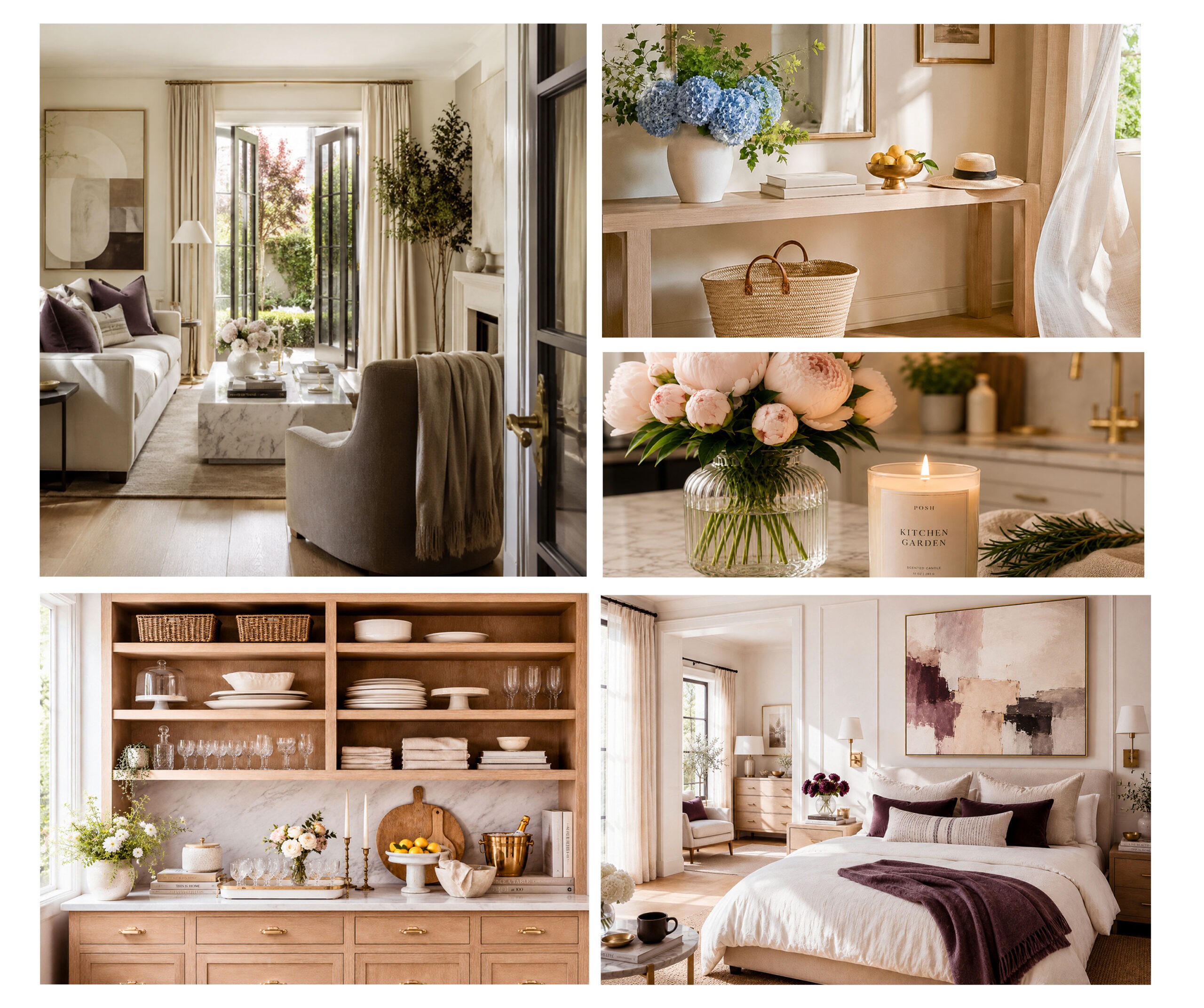 Elegant light-filled interiors featuring a refined living room, styled entryway, kitchen details, open shelving, and a serene bedroom in ivory, plum, and soft neutral tones.