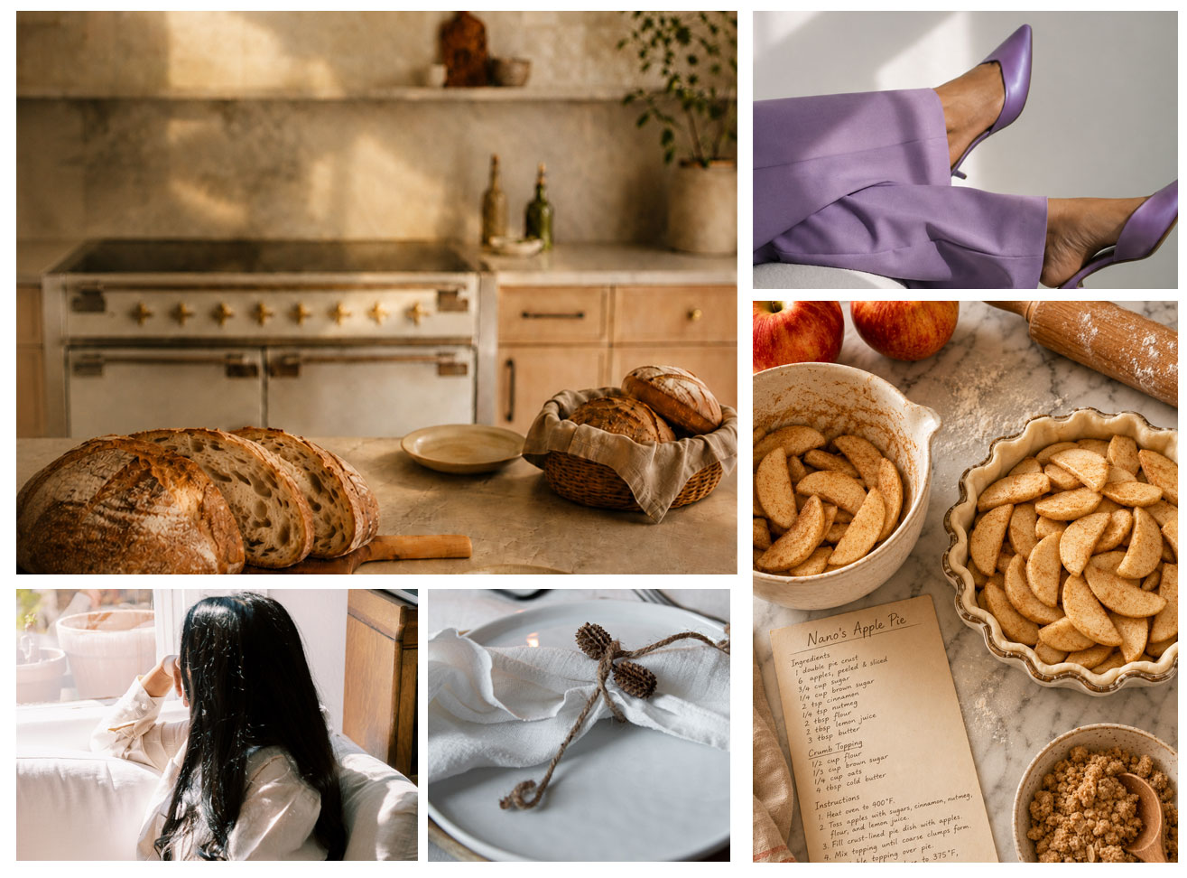 Editorial scenes of artisan bread, purple heels, apple pie preparation, a quiet reflective moment, and a refined place setting representing intentional living, tradition, beauty, and personal refinement.