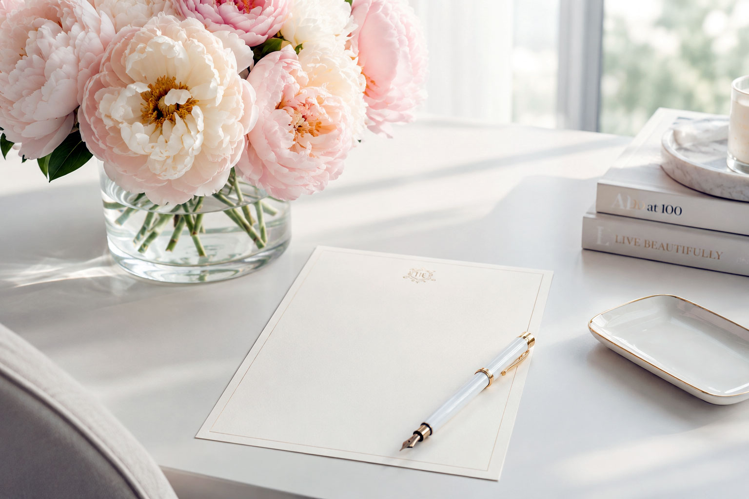 Elegant writing desk with ivory stationery, a white fountain pen, fresh peonies, and a stack of books in natural light.