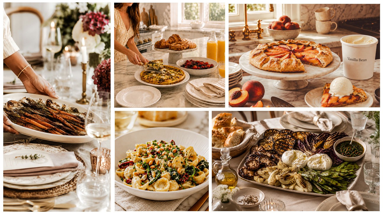 Elegant table scenes featuring roasted vegetables, brunch dishes, peach galette with vanilla ice cream, pasta salad, grilled antipasto with burrata, candles, flowers, and refined place settings.